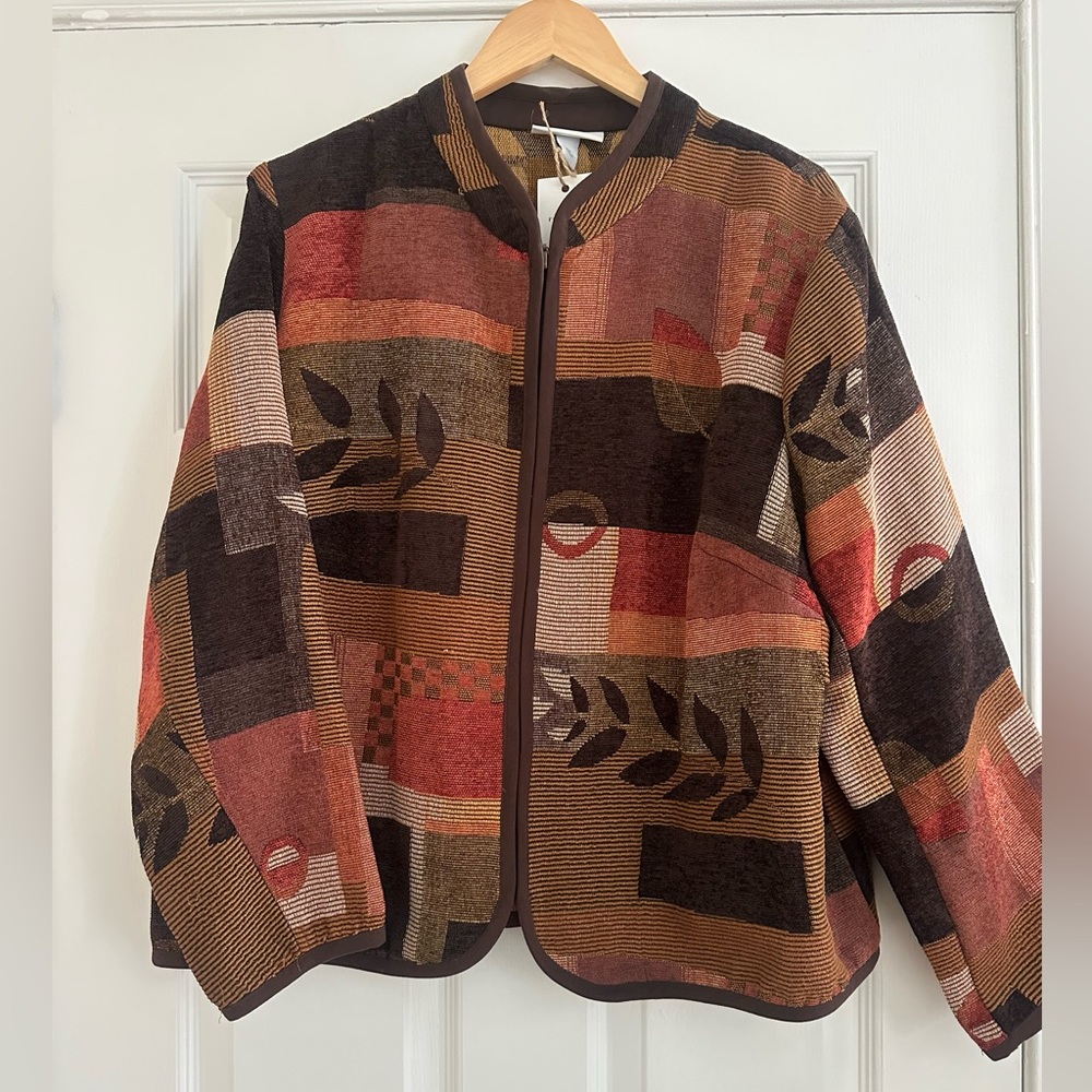 Vintage Dressbarn Brown and Tan Leaf Fern Design Statement Jacket